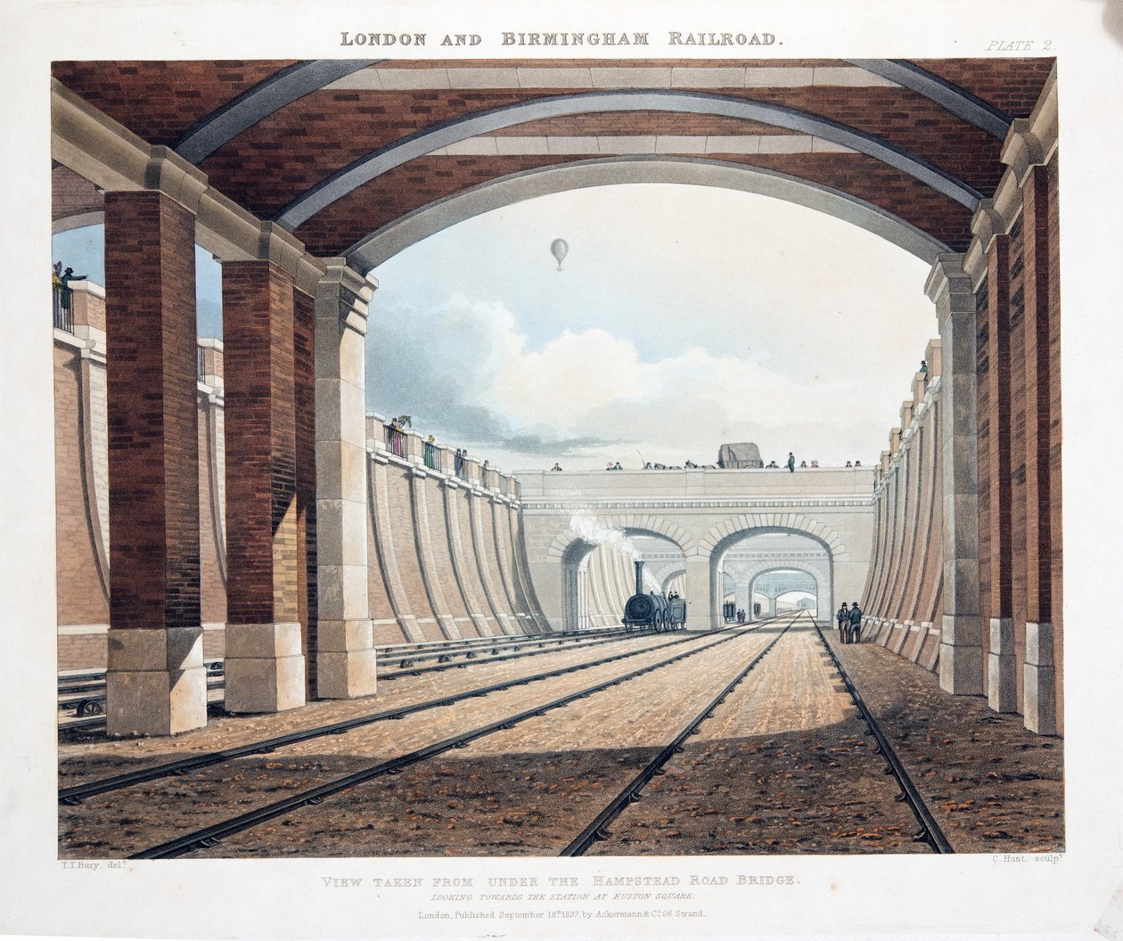 Utsikt tagen från Under Hampstead Road Bridge, med utsikt mot stationen vid Euston Square, 1837 (handfärgad gravyr) av Thomas Talbot Bury