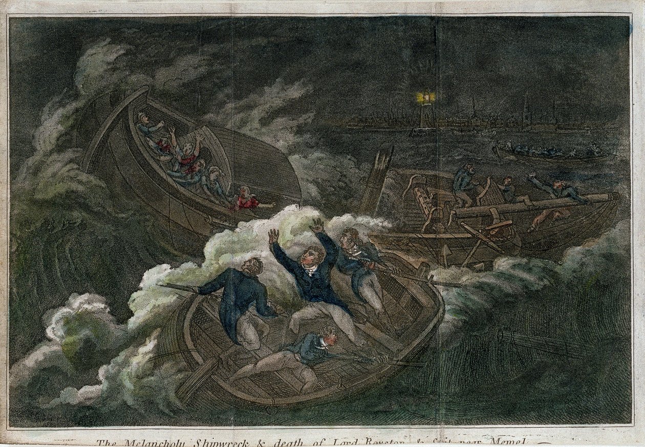 Det melankoliska skeppsbrottet och Lord Roystons död. Litografi (17,5 x 25,8 cm), London (England) edition, av Thomas Tegg (1808). Engelsk konst av Thomas Tegg