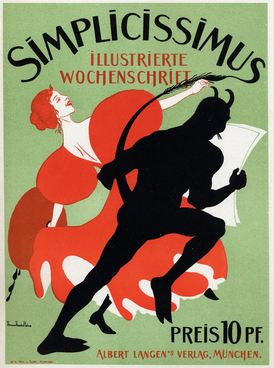 Konst. Litteratur. Tidningen Simplicissimus. Affisch av Thomas Thedor Heine, Tyskland, ca 1890 (affisch) av Thomas Theodor Heine