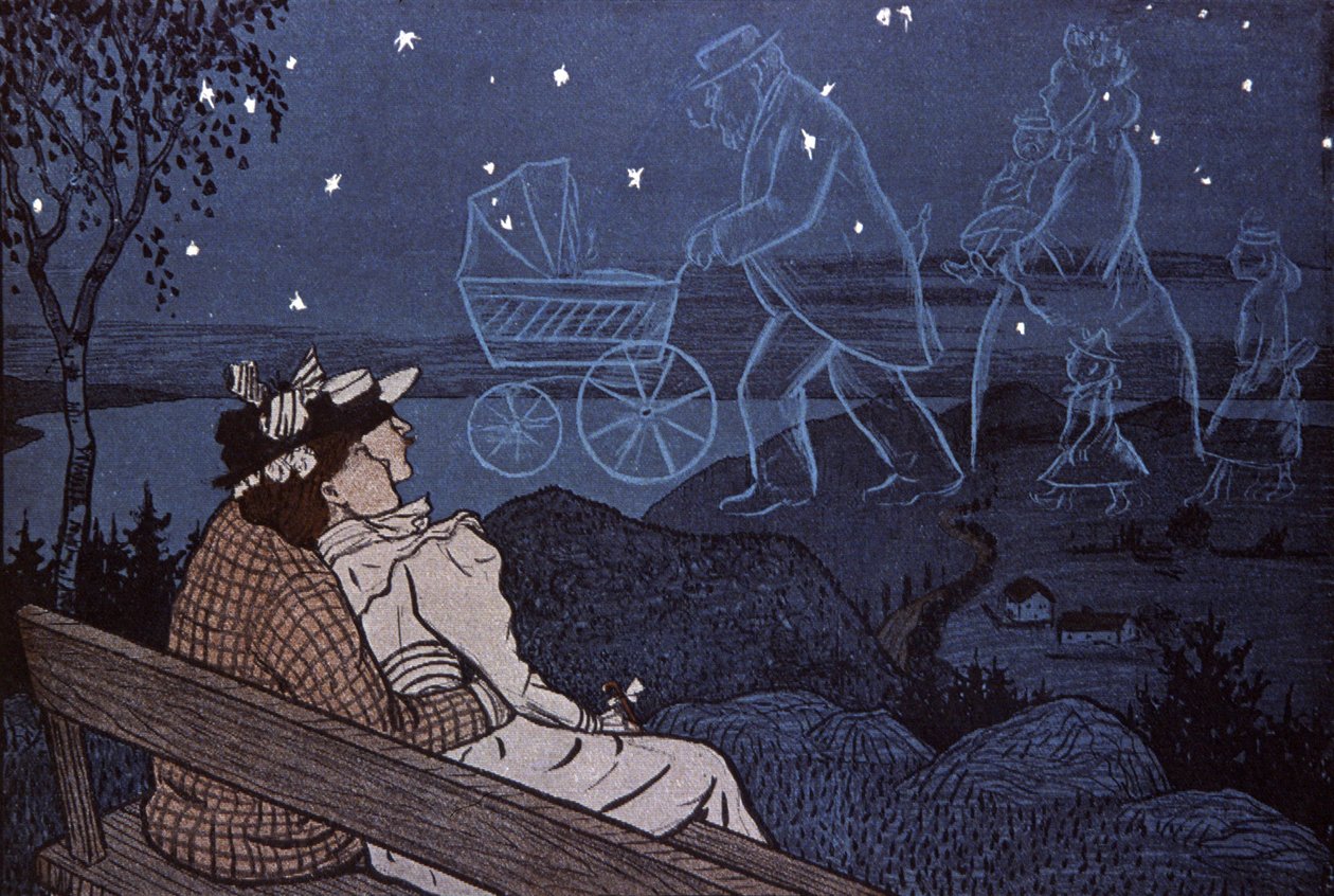 Par ute i det fria, tittar på sin framtid i stjärnorna: barn, familj. Illustration av Th.Th. Heine i: Simplicissimus, Tyskland av Thomas Theodor Heine