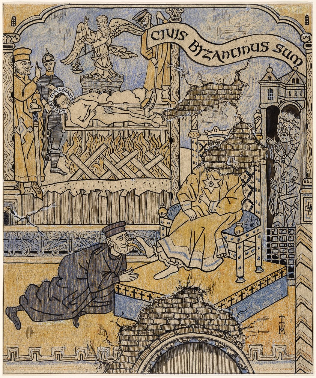 Den återupptäckta väggmålningen i Justitiepalatset i Bysans; Simplicissimus V/34 av Thomas Theodor Heine