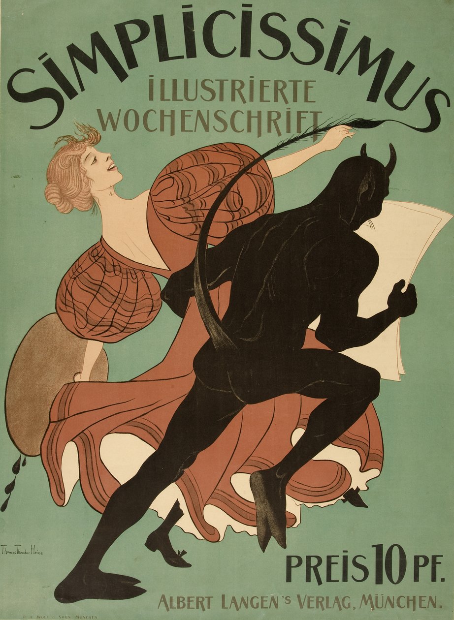 Främre omslag från "Simplicissimus Illustrated Weekly", pub. 1896 (lito i färg) av Thomas Theodor Heine