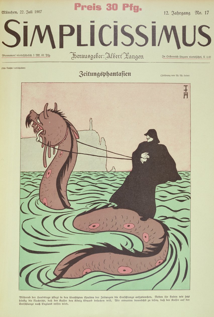 Kaiser rider Sea Snake till England, omslag Illustration från Simplicissimus av Thomas Theodor Heine