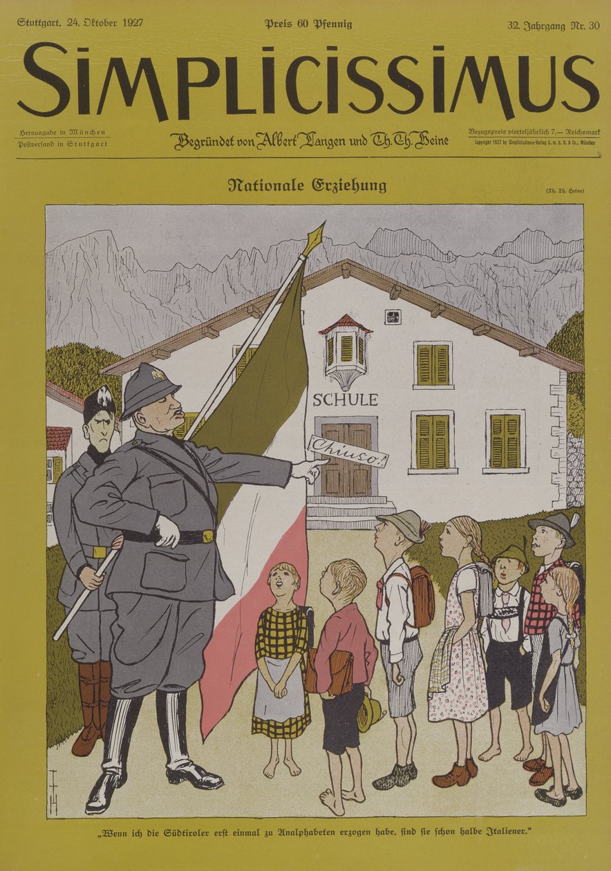 Mussolini (1883-1945) och den italienska Tyrolen, tecknad serie från tidskriften Simplicissimus, 24 oktober 1924 (lito i färg) av Thomas Theodor Heine