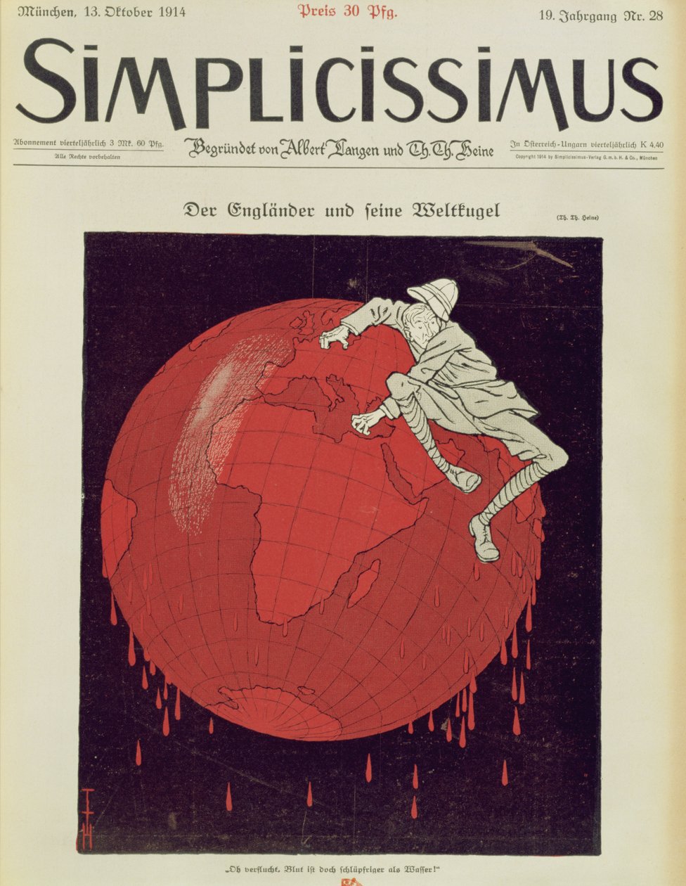 Engelsmannen och hans världsboll, framsidan av en tysk tidning, "Simplicissimus" av Thomas Theodor Heine