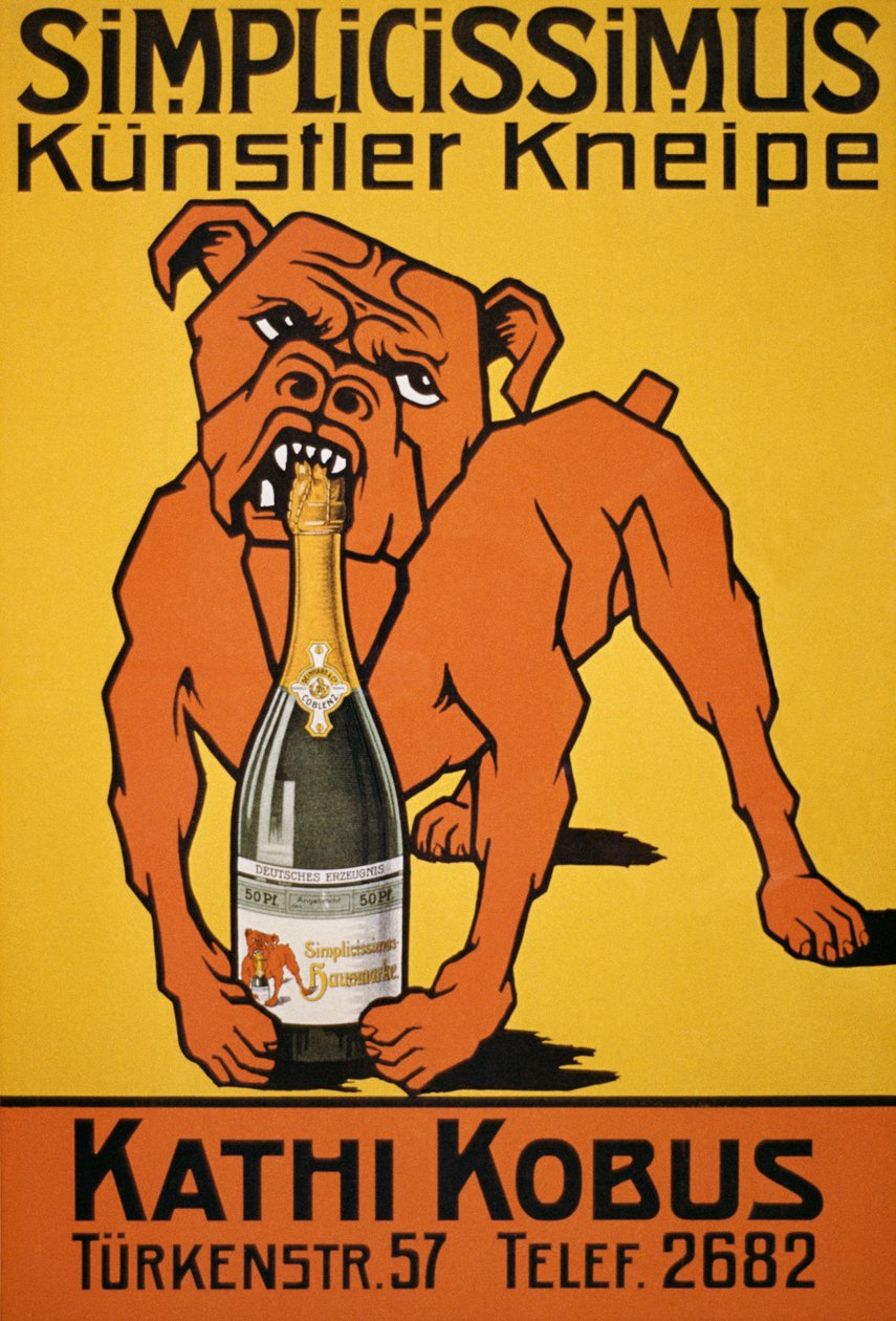 Vintage affisch av bulldog som biter champagneflaska (affisch) av Thomas Theodor Heine