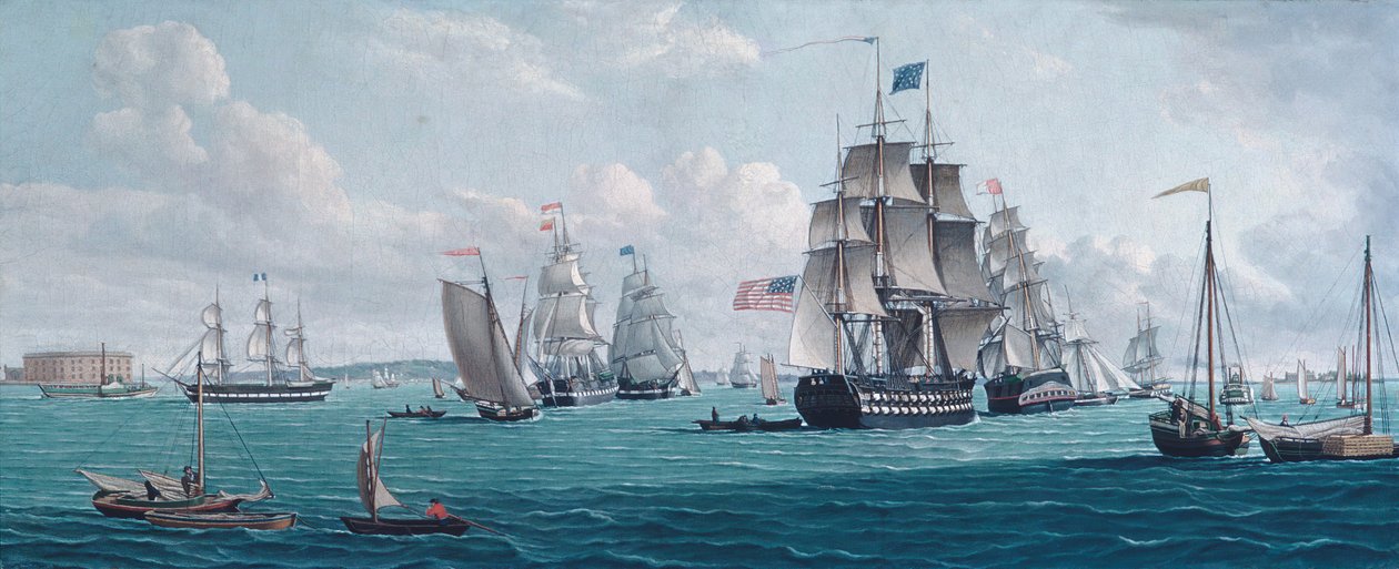 Det amerikanska skeppet Franklin, med utsikt över New Yorkbukten, 1820- eller 1830-talet. av Thomas Thompson