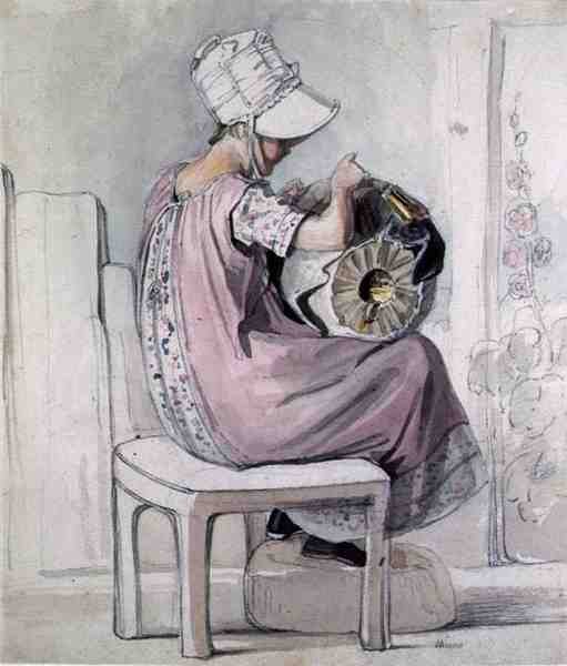 A Girl Lacemaking (akvarell och penna på papper) av Thomas Unwins