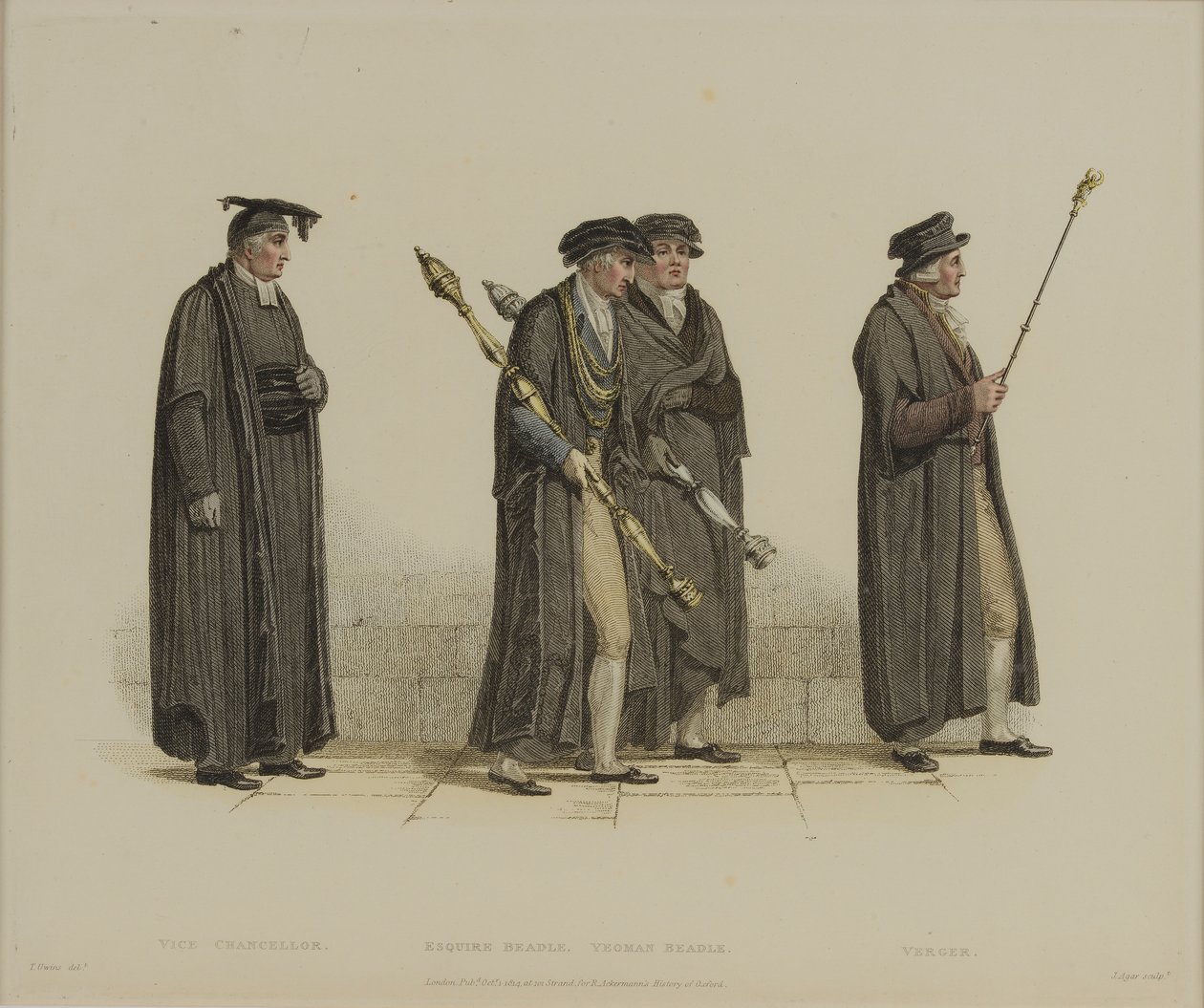 Vicekansler, Esquire Beadle, Yeoman Beadle, Verger, graverad av J. Agar, publicerad i R. Ackermanns 