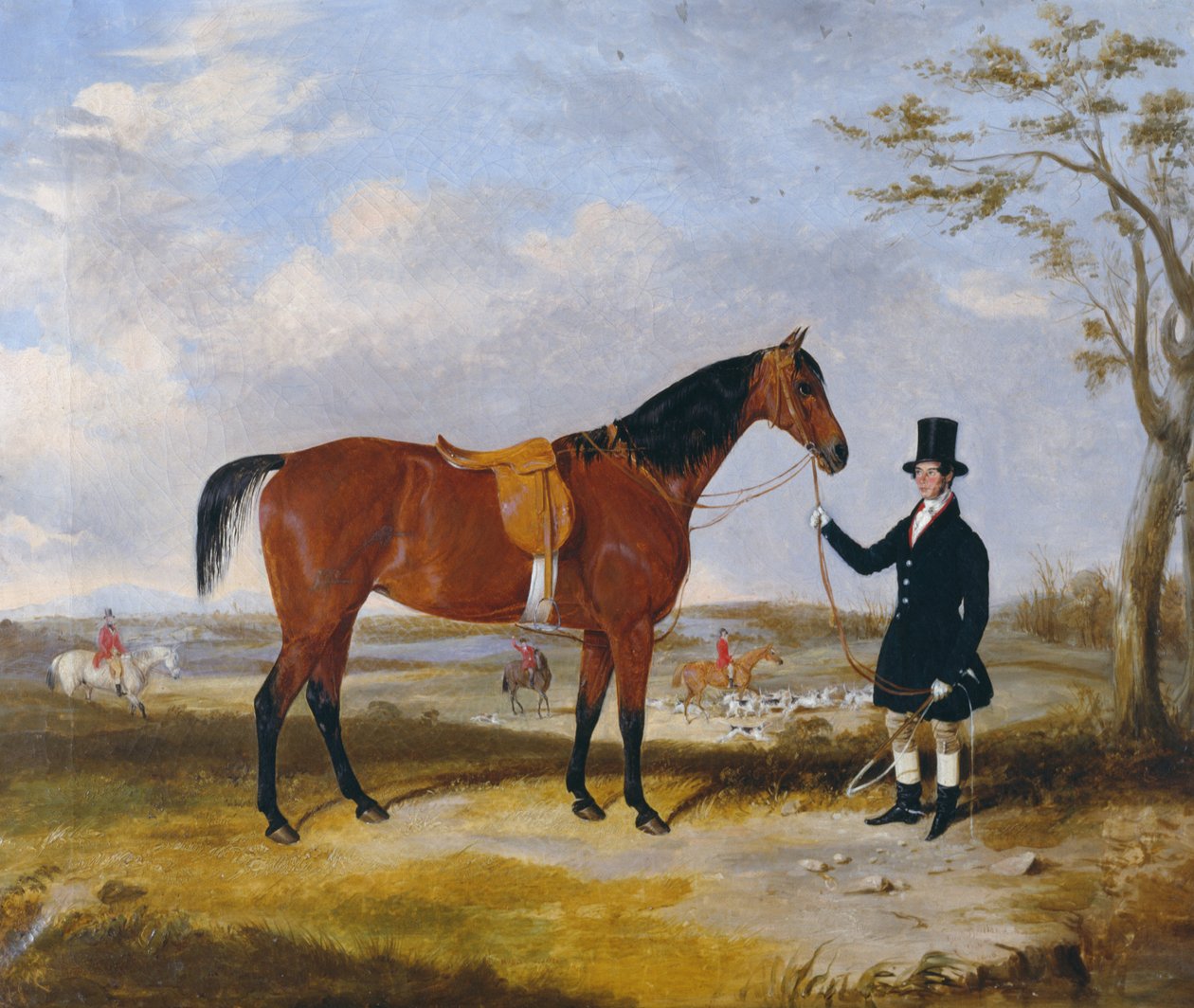"Wild Girl" En sadlad jägare som hålls av en andra ryttare, med endast jägare och hundar (olja på duk) av Thomas W. Bretland