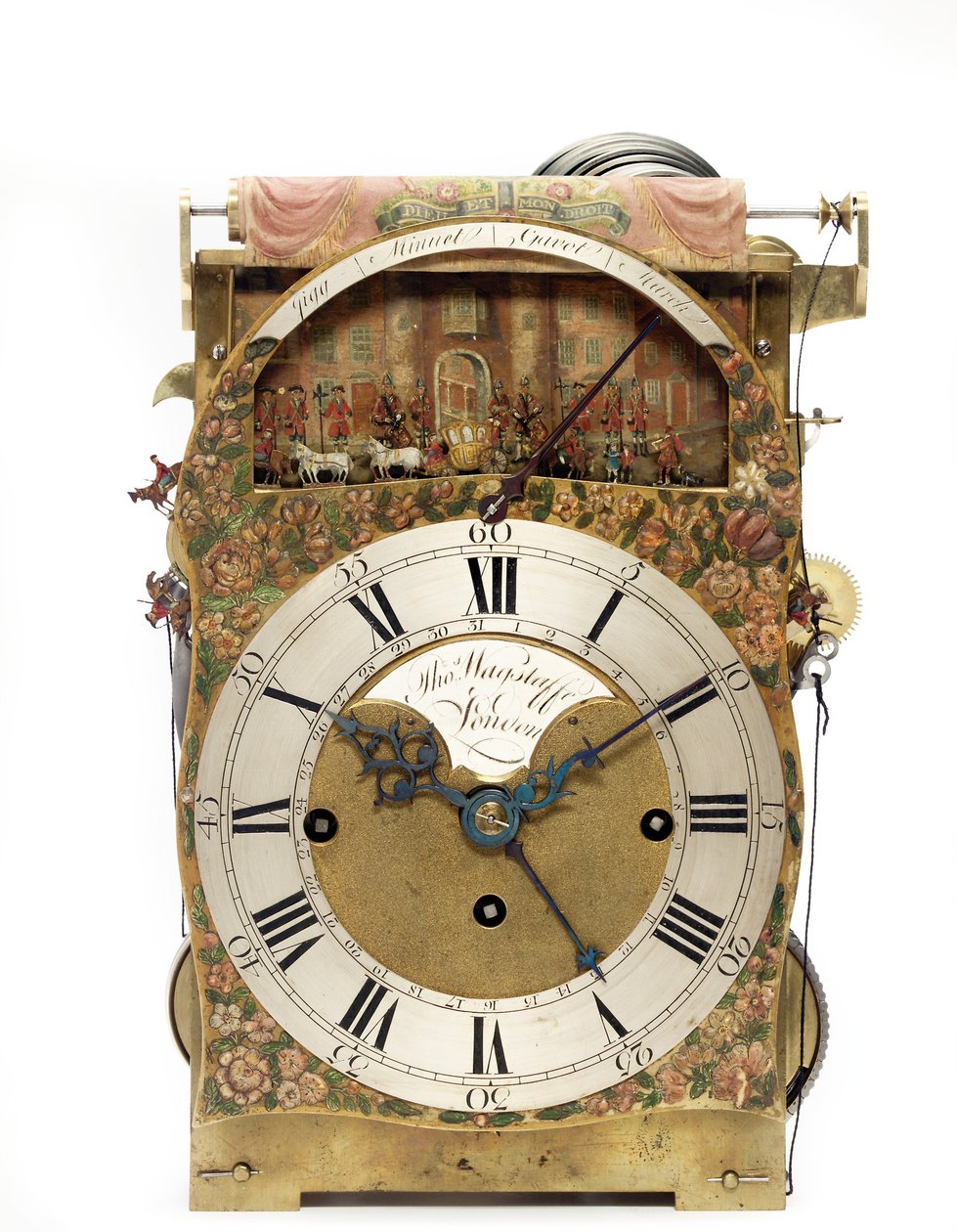 Detalj av en George III grön och förgylld japansk bordsklocka med musikautomat föreställande Lord Mayor