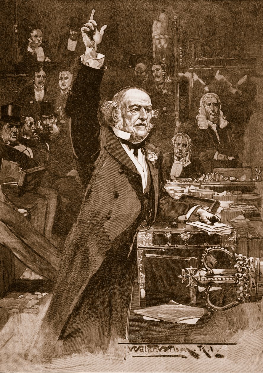 Introduktion av lagförslaget om hemmastyre: Mr. Gladstone levererade sin predikan, 1886, illustration från 