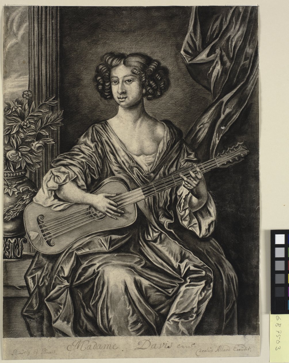 Lady spelar gitarr, "Madame Davis"; efter Sir Peter Lelys målade porträtt, ca. 1674 av Mary Davies i Earl of Bradford-samlingen av Thomas Watson