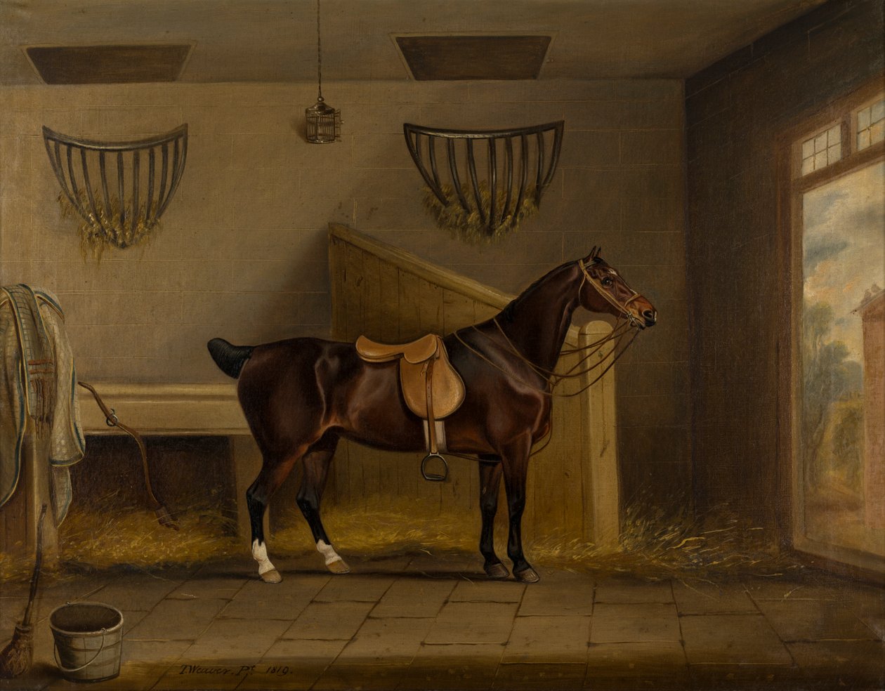 En sadlad Bay Hunter i ett stall, ca 1819 (olja på duk) av Thomas Weaver