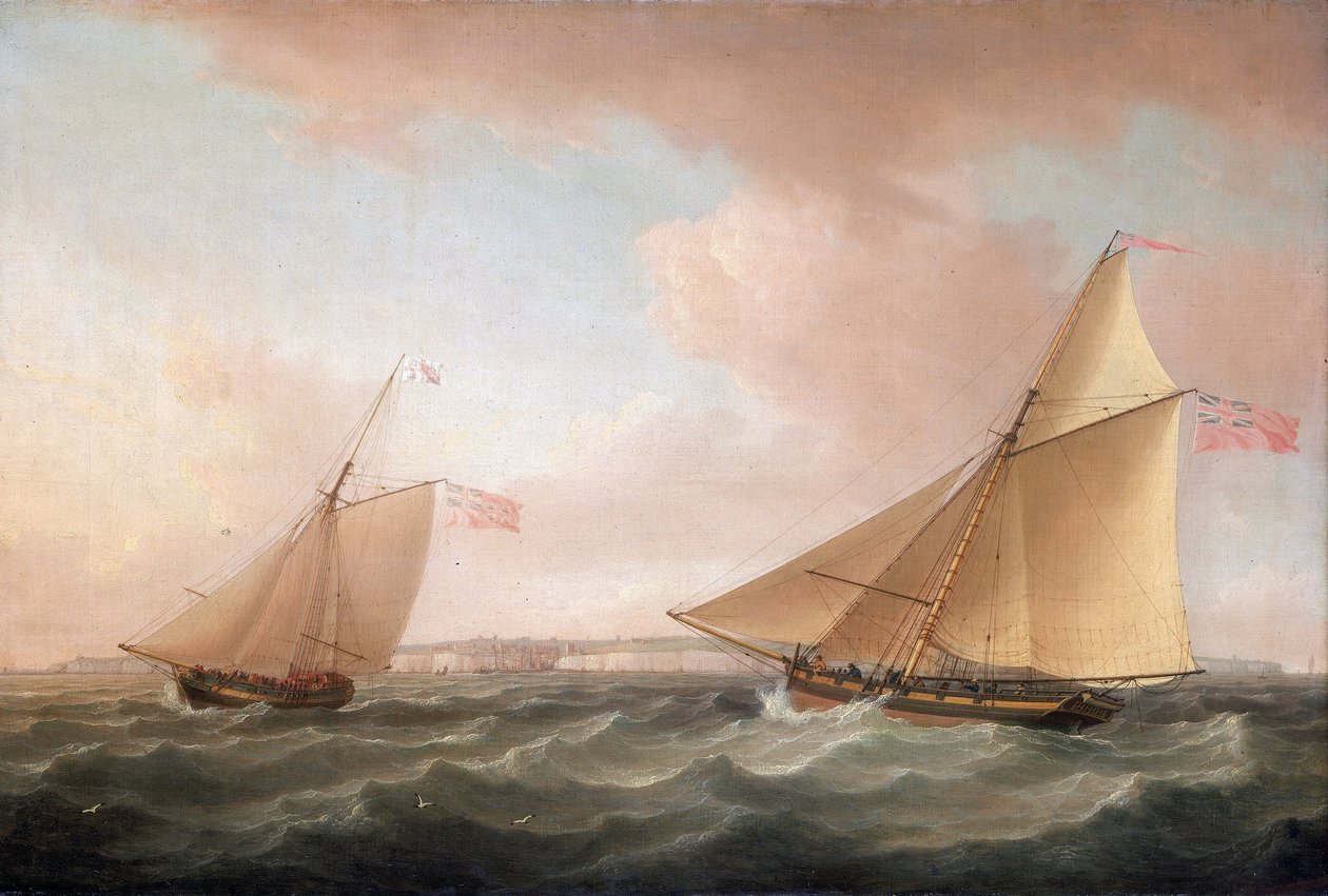 En yacht från den brittiska fyrtjänsten och en Revenue Cutter (segelbåt beväpnad för kampen mot smuggling), utanför Ramsgate (England) av Thomas Whitcombe
