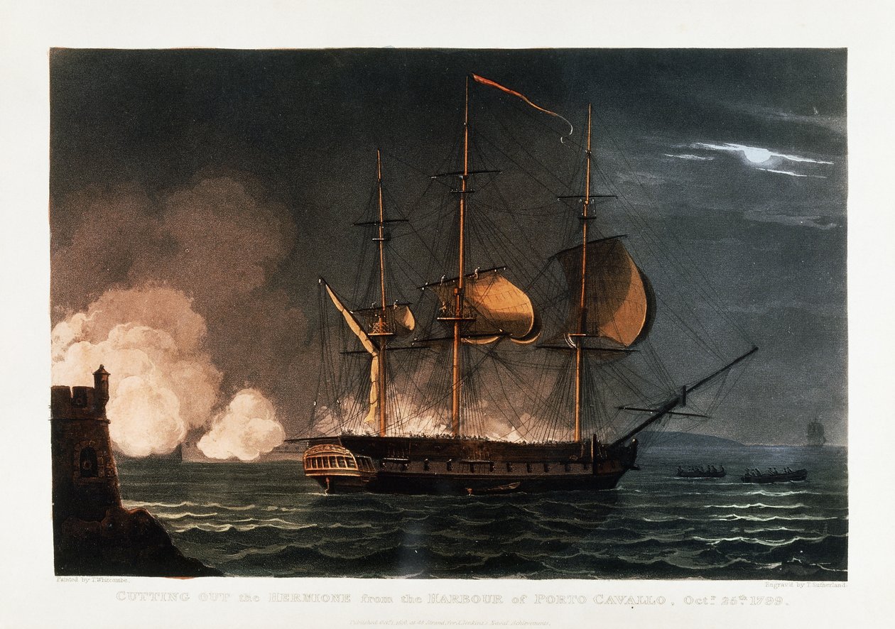 Att skära ut Hermione från hamnen i Porto Cavallo, 25 oktober 1799, ca 1812-1816 av Thomas Whitcombe
