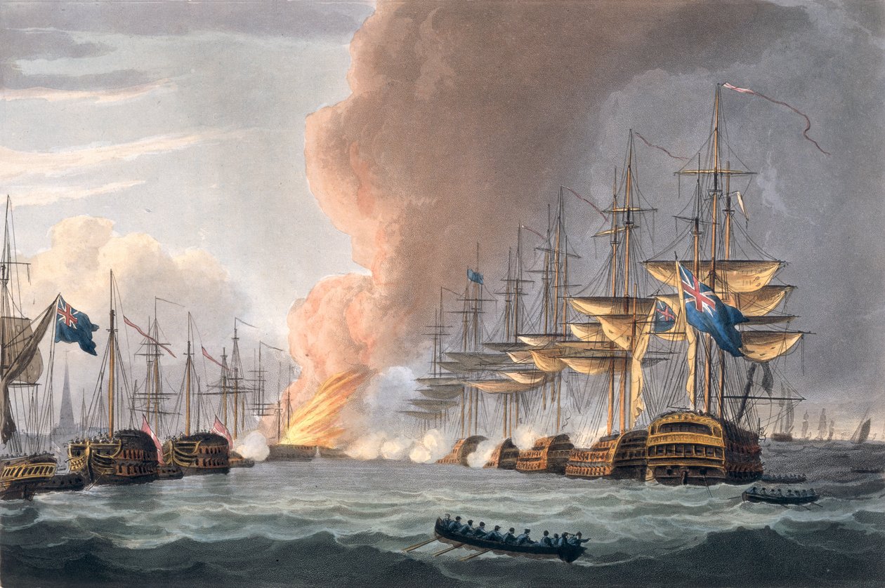 Förstörelse av den danska flottan före Köpenhamn, 2 april 1801, graverad av Thomas Sutherland för J. Jenkins 