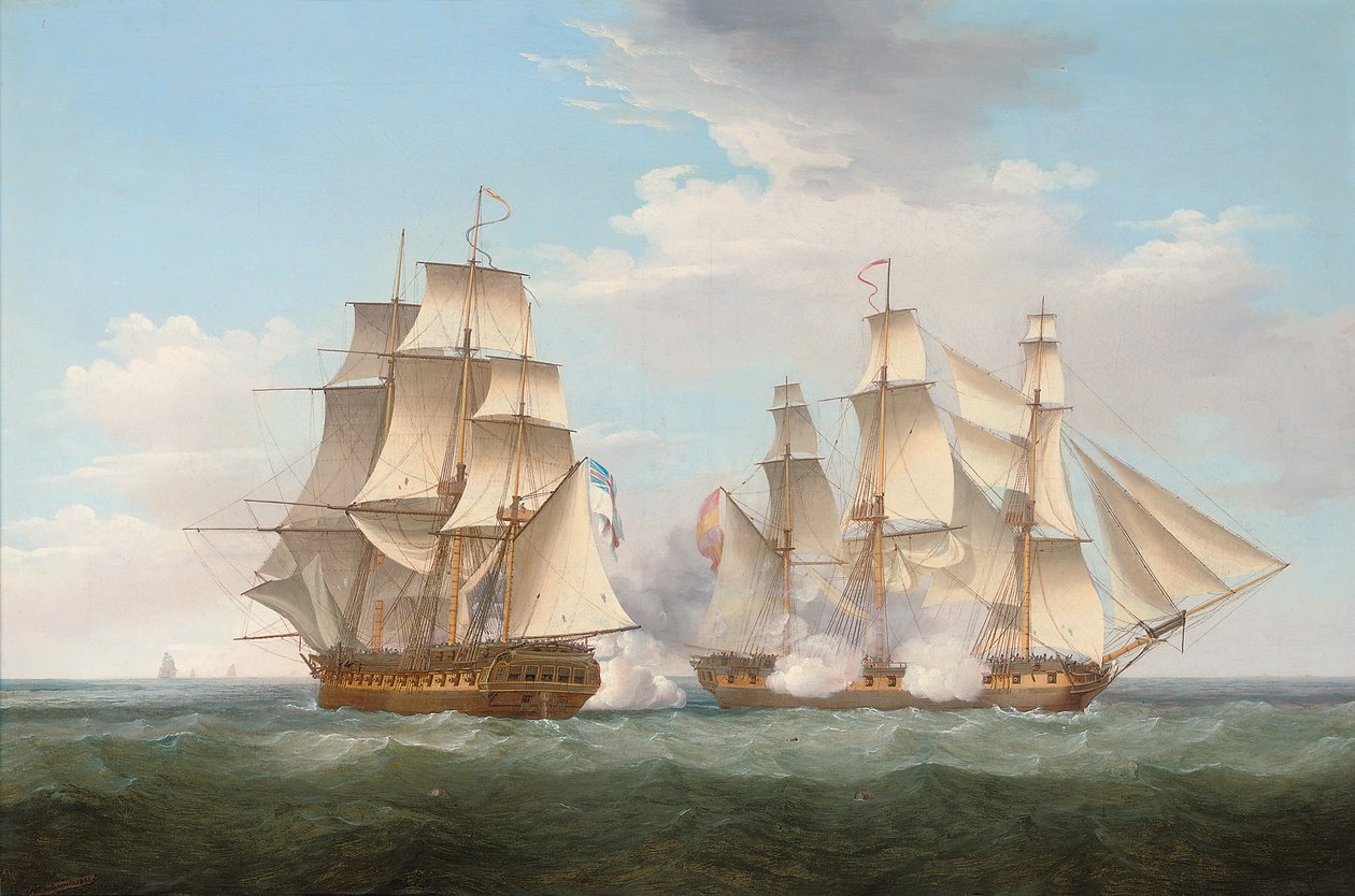 H.M.S. Ethalion i aktion med den spanska fregatten Thetis utanför Kap Finisterre, 16 oktober 1799, 1800 av Thomas Whitcombe