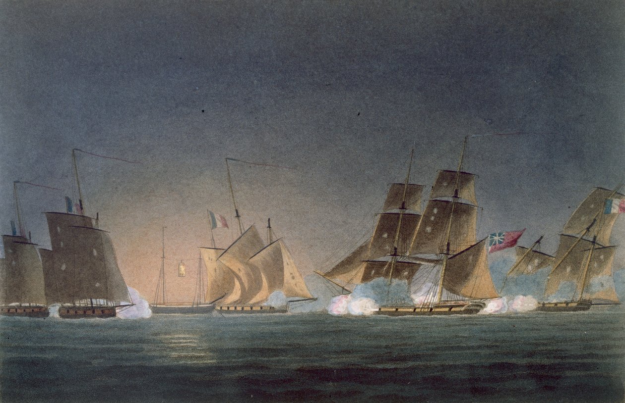 HMS Rinaldo engagerar fyra franska kapare, graverad av J. Bailey för 