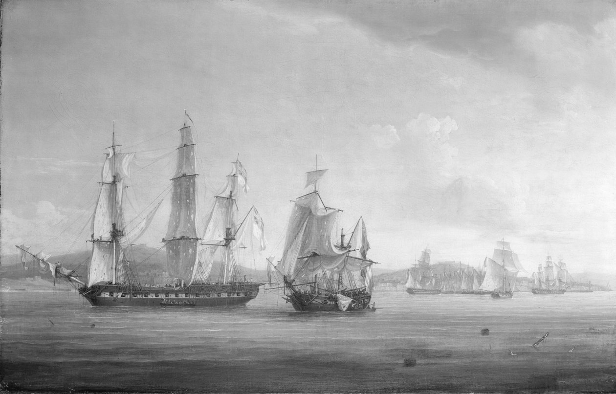 HMS "Spartan" och den franska och napolitanska flotteskadern, slutet av striden, 3 maj 1810, Neapelbukten, Italien. Olja på duk av Thomas Whitcombe
