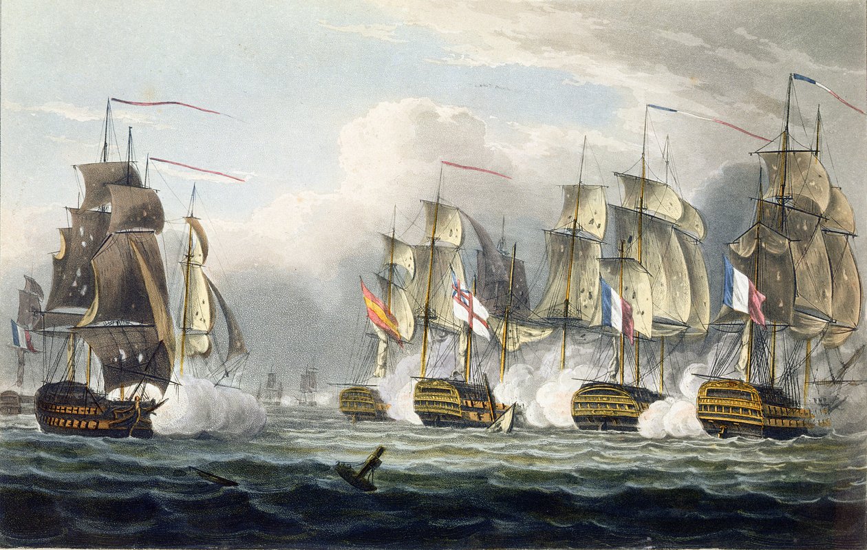 Situationen för HMS Bellerophon efter döden av hennes befälhavare kapten Cooke i slaget vid Trafalgar den 21 oktober 1805, graverad av T. Sutherland för 