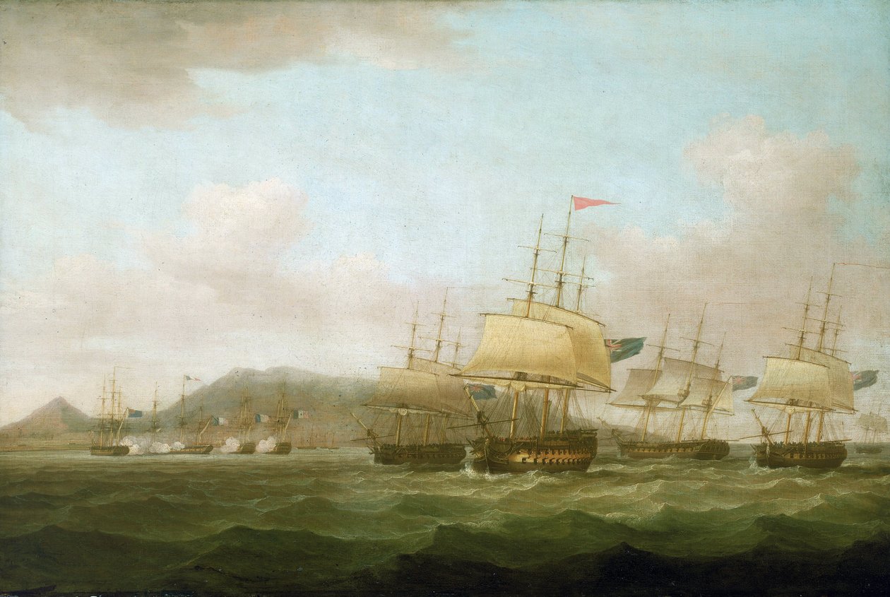 Den brittiska flottans erövring av Saint Paul, nära Bourbon Island (nu Reunion Island), 21 september av Thomas Whitcombe