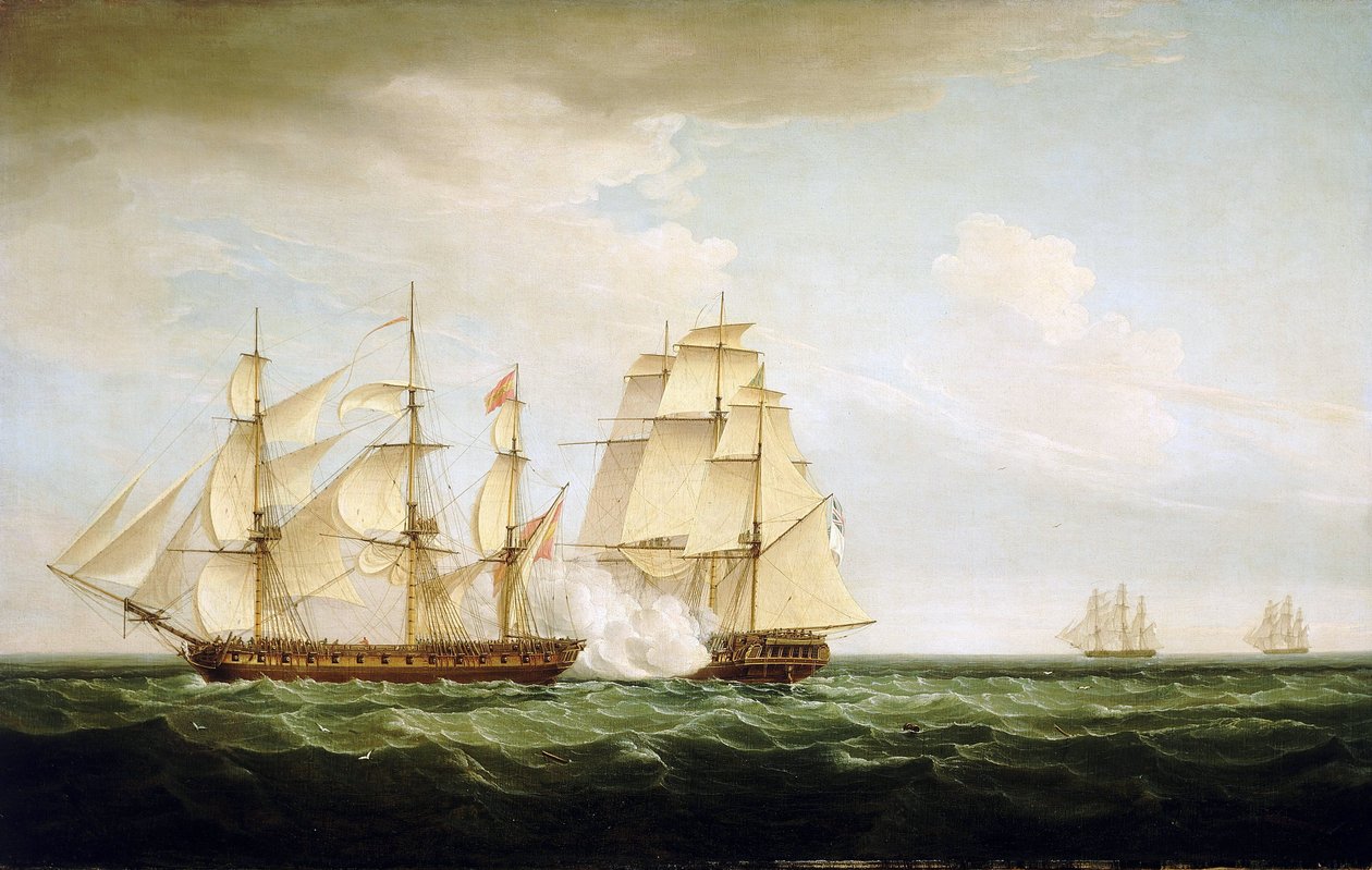 Stridsmanövrerna mellan det brittiska fartyget "Pearl" (i mitten) och det spanska fartyget "Santa Monica" (till vänster) utanför Azorerna (portugisiska öar i Atlanten) den 14 september av Thomas Whitcombe