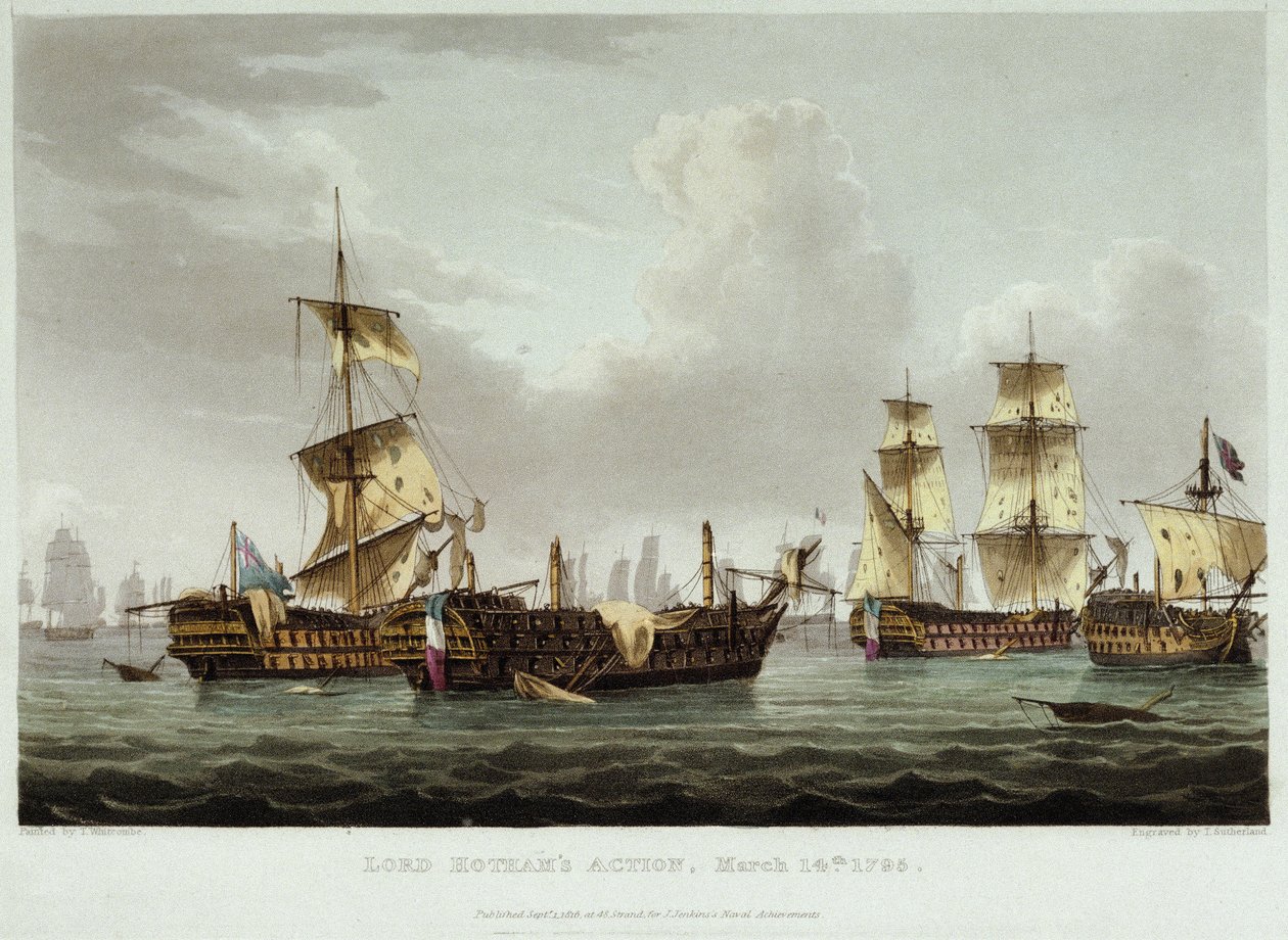Sjöslaget under ledning av Lord William Hotham (1736-1813) den 14 mars av Thomas Whitcombe