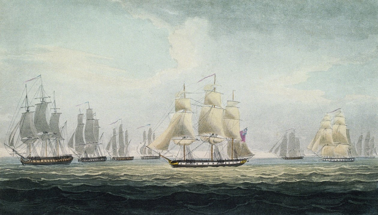 Sir Graham Moore (1764-1843), befälhavare för den eskader om fyra fregatter i den brittiska Royal Navy, som kapade en spansk skattflotta utanför Cadiz i Spanien den 5 oktober av Thomas Whitcombe