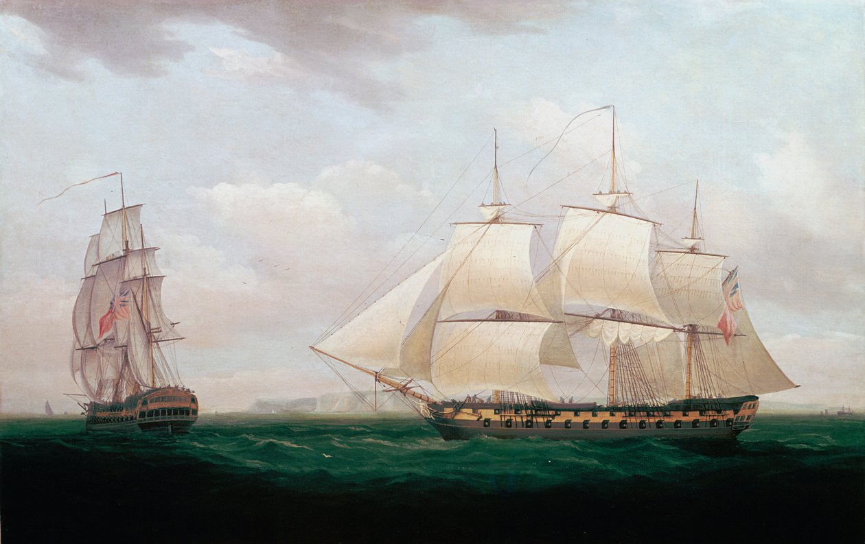 Två ostindiefarare utanför en kust, Thomas Whitcombe, c1850 av Thomas Whitcombe