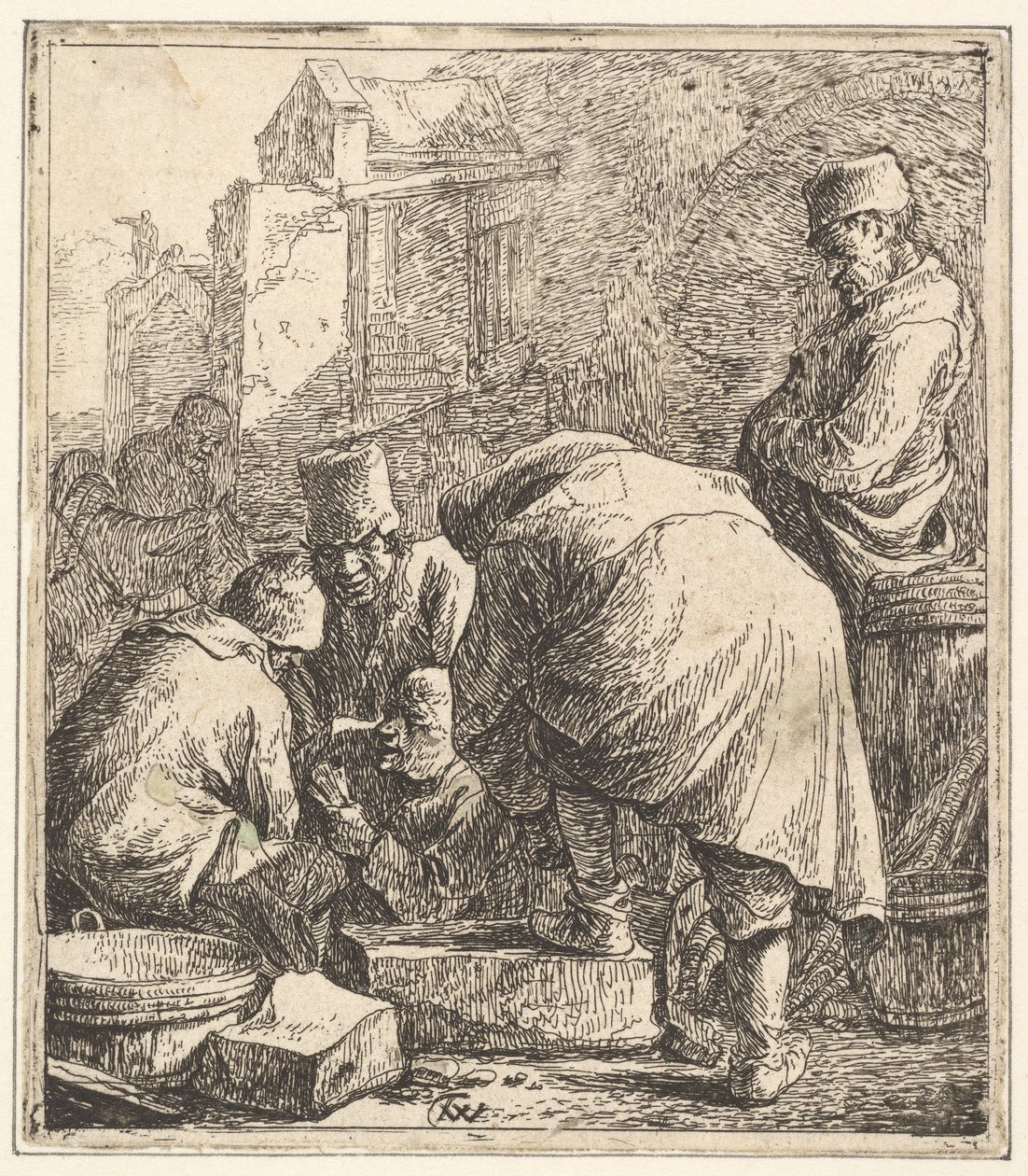 Man justerar sina skor, till vänster Tre män spelar kort, 1630-77. av Thomas Wijck