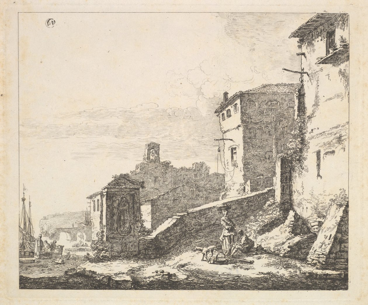 Byscen med kvinna som står bredvid en sittande man kopia, 1600-tal. av Thomas Wijck