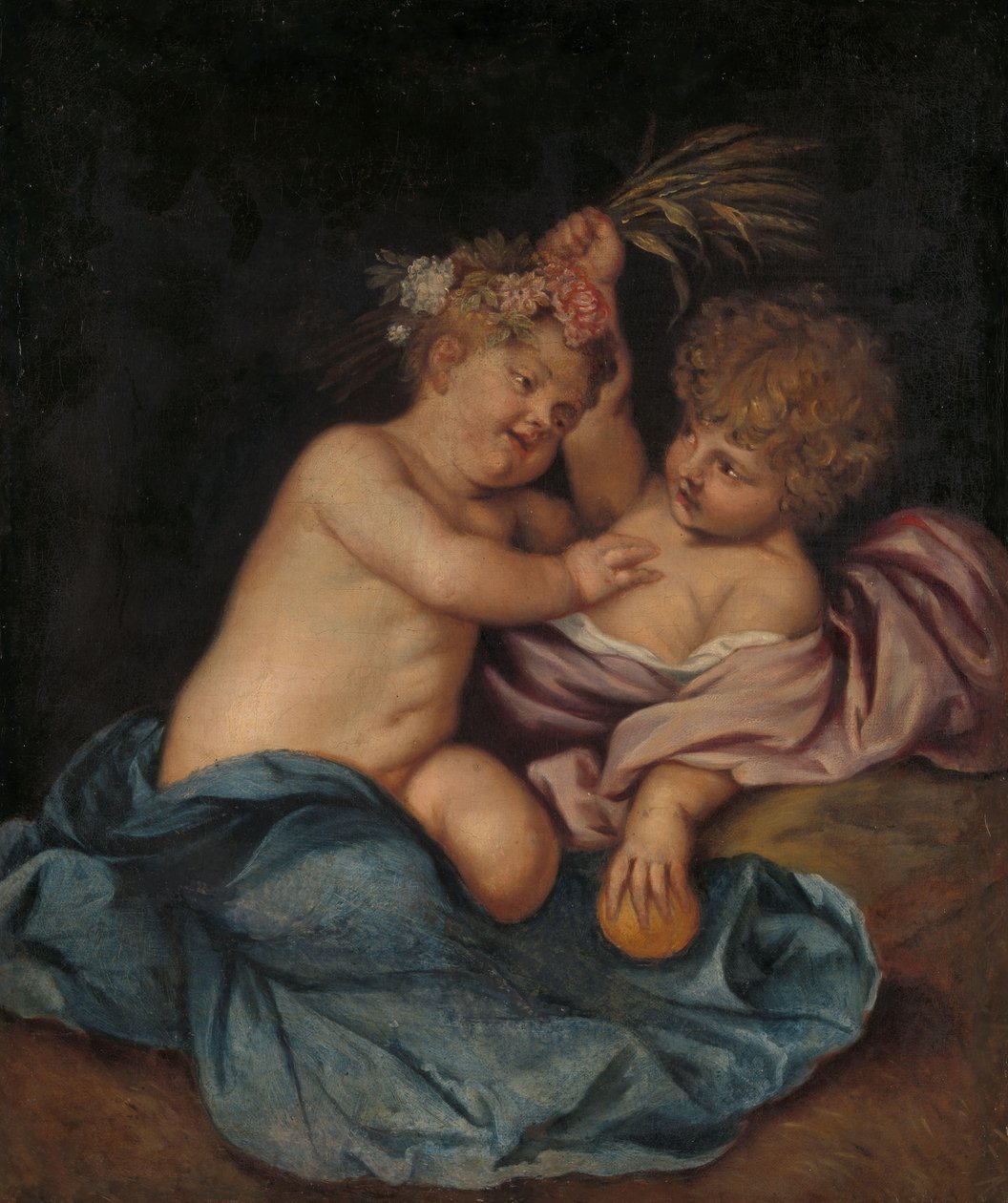 Två spädbarn, personifieringar av vår och höst av Thomas Willeboirts Bosschaert (follower of)