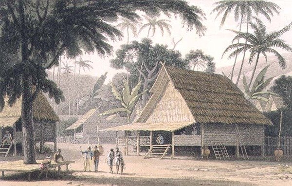 A Malaye Village, skylt 16 från "A Picturesque Voyage to India" av Thomas und William Daniell