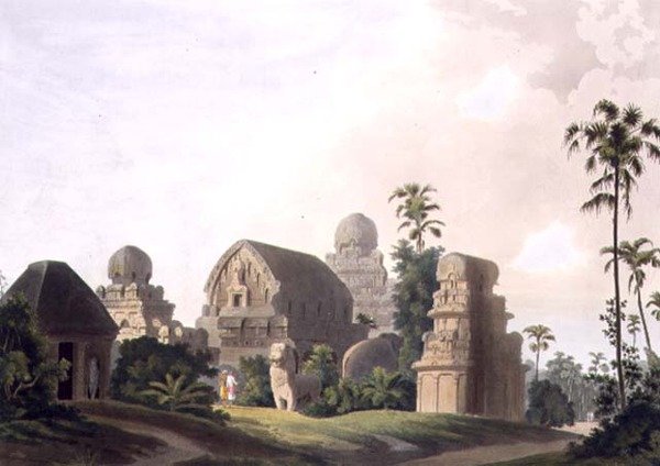 Skulpterade stenar vid Mavalipuram på Coromandels kust, tallrik I från del 3 av puben "Oriental Scenery". 1799 (akvatint) av Thomas und William Daniell