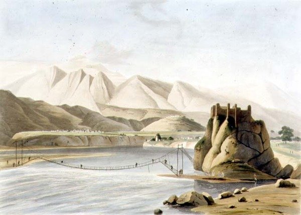 Repbron vid Sirinagur, skylt XXIII från del 6 av "Oriental Scenery", pub. 1805 (akvatint) av Thomas und William Daniell