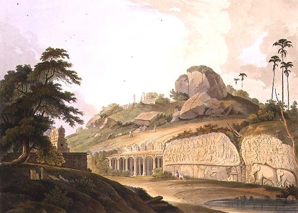 Ingången till ett utgrävt hindutempel vid Mavalipuram, tallrik II från del 3 av "Oriental Scenery", pub. 1799 (akvatint) av Thomas und William Daniell