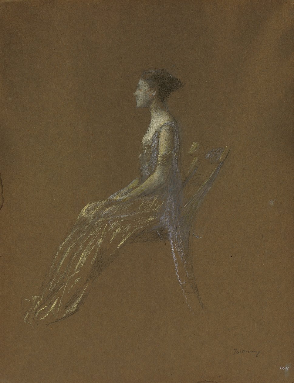 Sittande dam i gul klänning (pastell på papper) av Thomas Wilmer Dewing