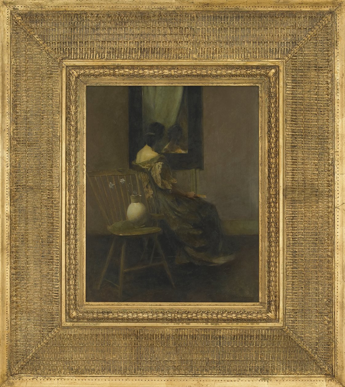 The Mirror, 1907 (olja på träpanel) av Thomas Wilmer Dewing
