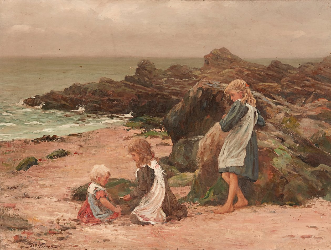 Barn på en stenig strand (olja på duk) av Thomas Wilson