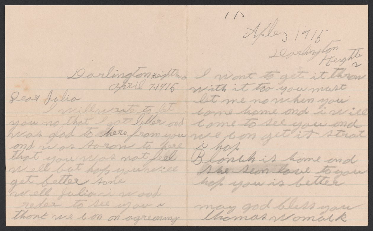 Brev från Thomas Womack till Julia Womack med kuvert, 7 april 1915. av Thomas Womack