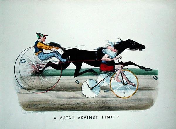 "A Match Against Time", kapplöpning mellan en häst och pappa Time på en cykel av Thomas Worth
