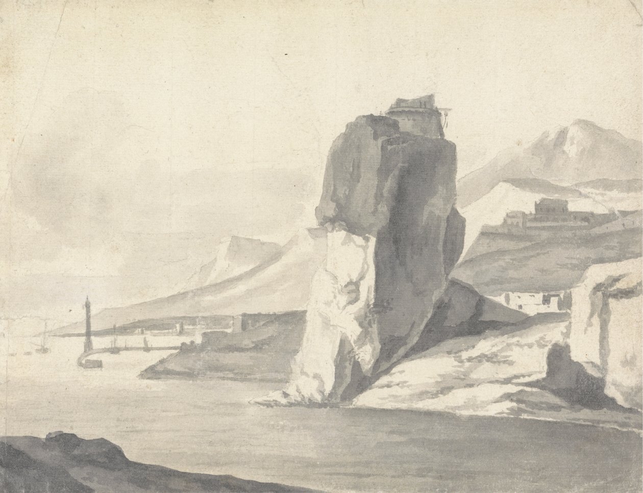 En kustscen (italiensk) med vågbrytare, höga klippor och ett fort av Thomas Wyck