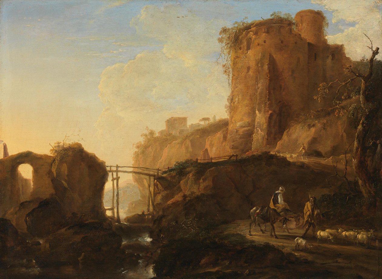 Italienskt landskap med bro och borgruin av Thomas Wyck