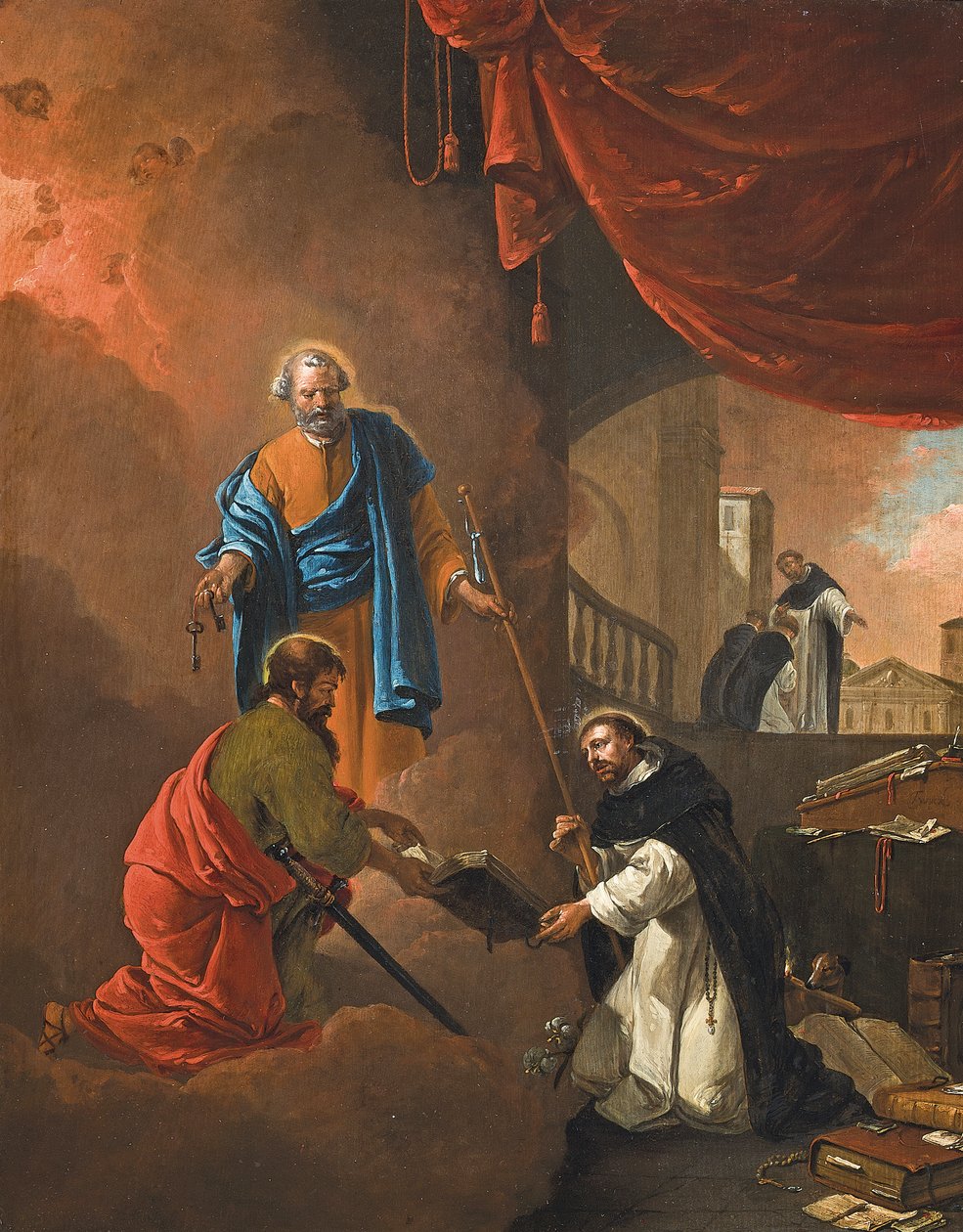 The Vision of Saint Dominic, med Saint Dominic som välsignar två missionärsbröder bortom av Thomas Wyck