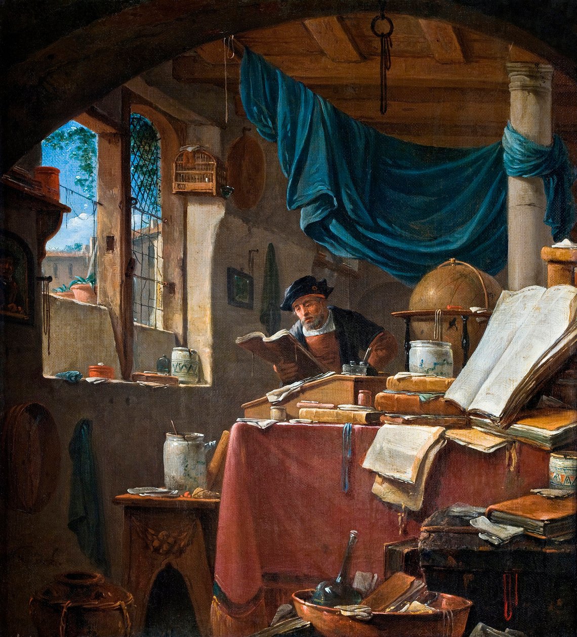 "" Un savant dans son bureau "" (A scholar in his Study) Peinture de Thomas Wyck (Wyjck ou Wijck) (vers 1616-1677) - Olja på duk - 33,5x31 - Hallwylska Museet, Stockholm av Thomas Wyck