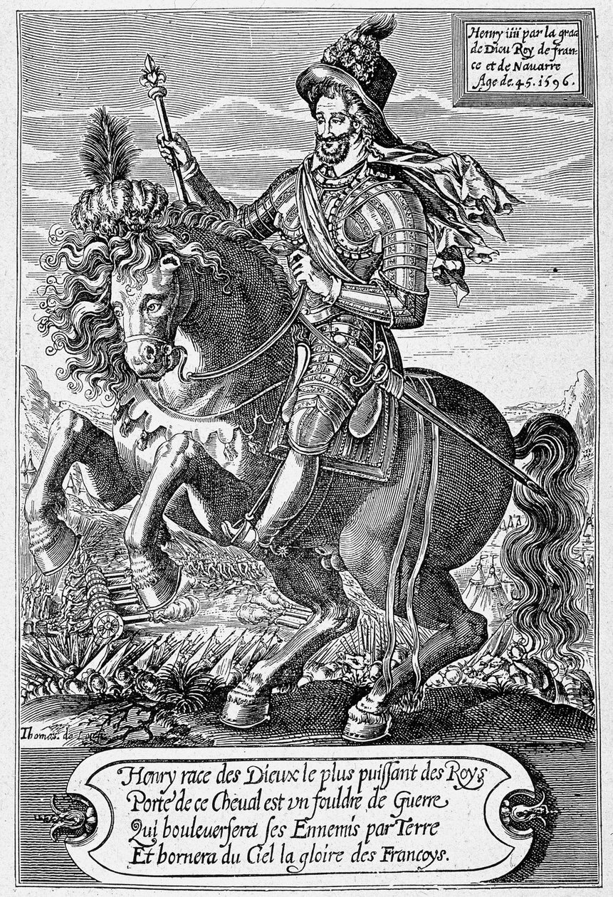 Porträtt av Henrik IV (1553 - 1610) (en häst) 45 år, graverad av Thomas de Leu. av Thomas de Leu