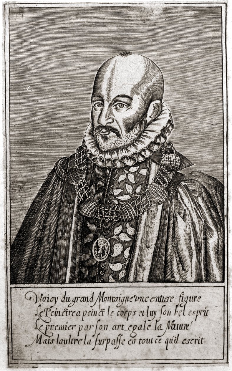 Porträtt av Michel de Montaigne (1533-1592), fransk författare. Gravyr av Thomas de Leu. (1560-1612). av Thomas de Leu