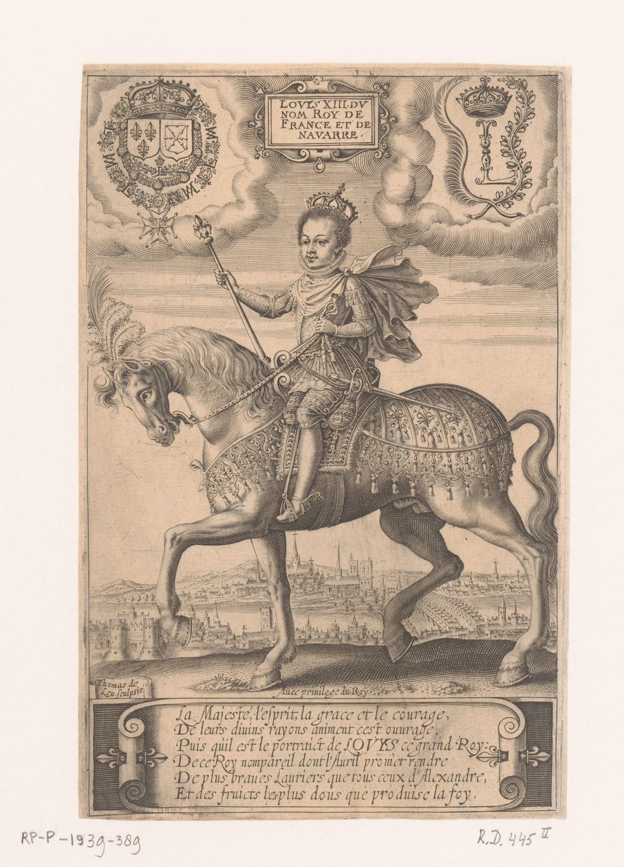 Porträtt av Ludvig XIII till häst, med utsikt över Paris i bakgrunden av Thomas de Leu