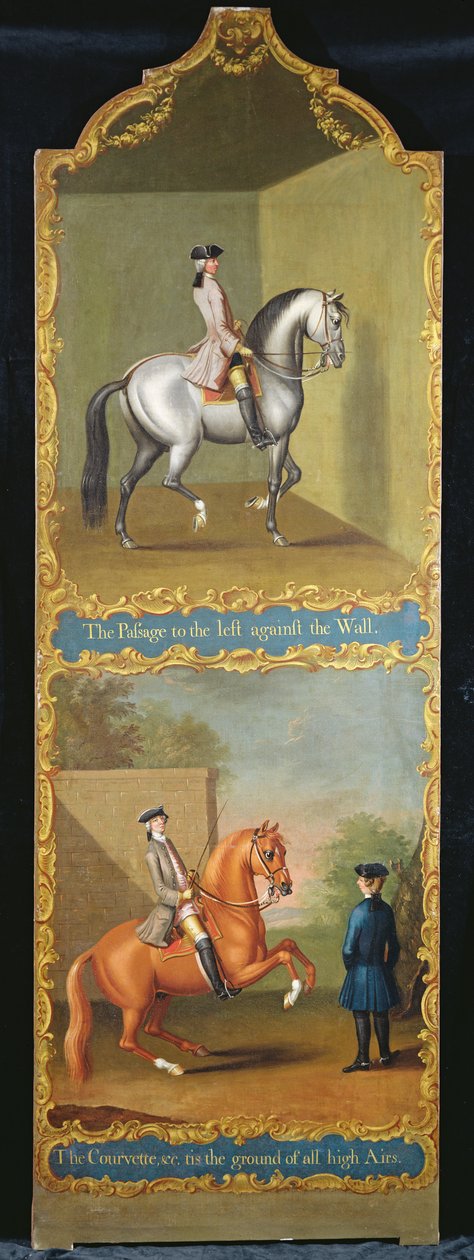 "Passagen till vänster mot väggen" (överst) och "Courvette etc, tis the Ground of all High Airs" (nederst), ca 1750 av Thomas, of Pall Mall Butler